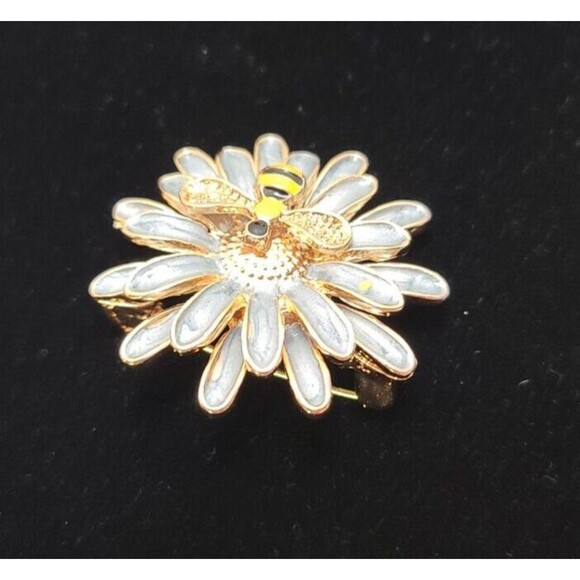 Gray Flower And Bee Enameled Brooch 1.5" Diameter - Picture 2 of 4